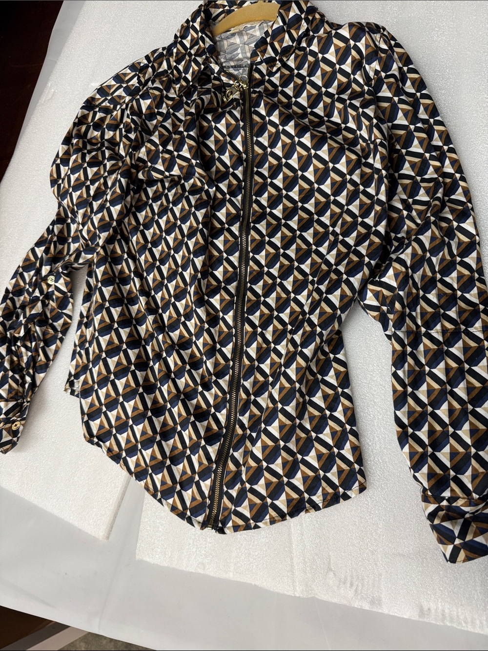 Michael Kors Geometric Print Bomber Jacket in Black, White & Brown